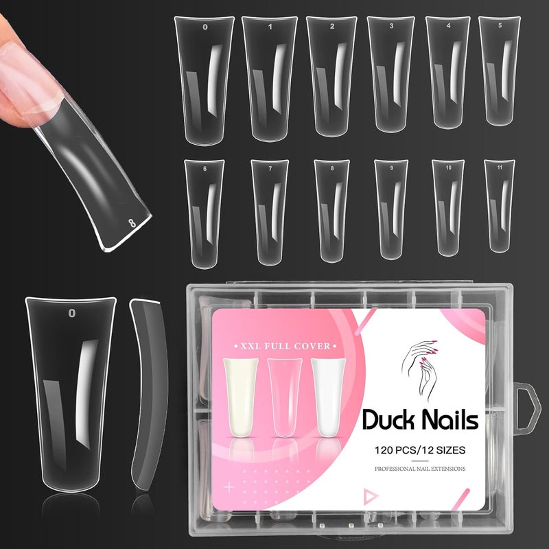 ranrose Duck Nail Tips - 120pcs Extra Long Duck Feet Style Full Cover False Nail 12 sizes XXL Clear Press on Nail for Acrylic Nails Professional Y2K Nail Salon - Image 1